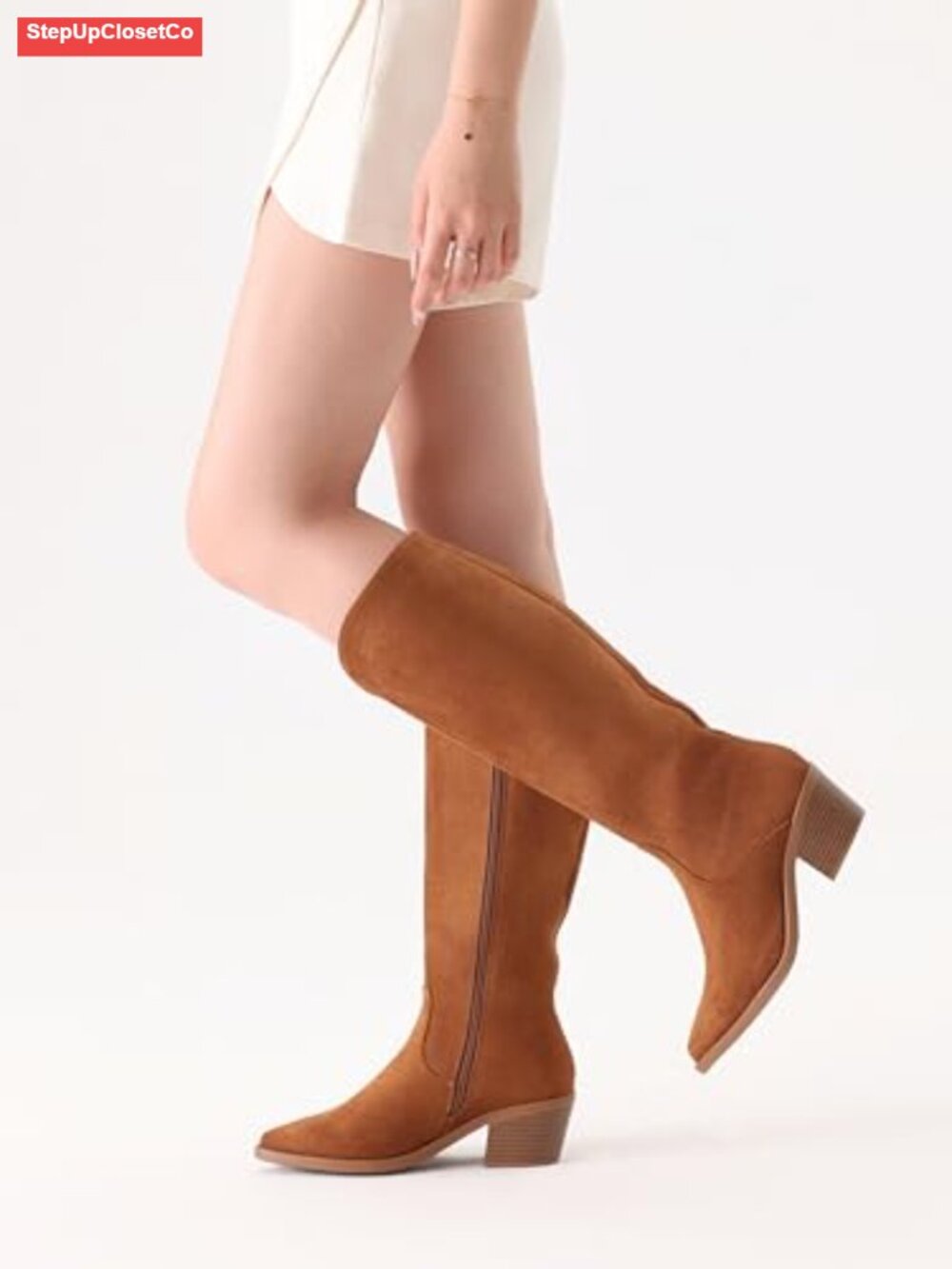 Suede Knee High Western Boots Pointed Toe Chunky Block Heel - Picture 4 of 5